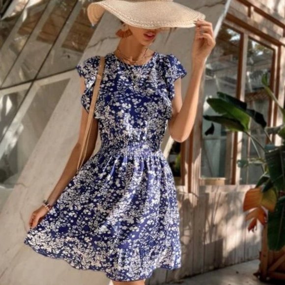 Floral Ruffle Trim Shirred Waist Dress blue - Picture 4 of 6